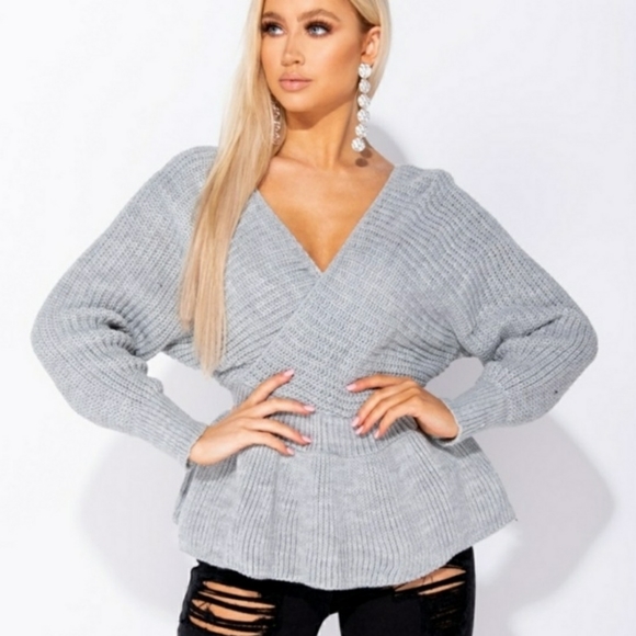 Sweet Sophistication Gray Wrap Peplum Sweater - Picture 4 of 4